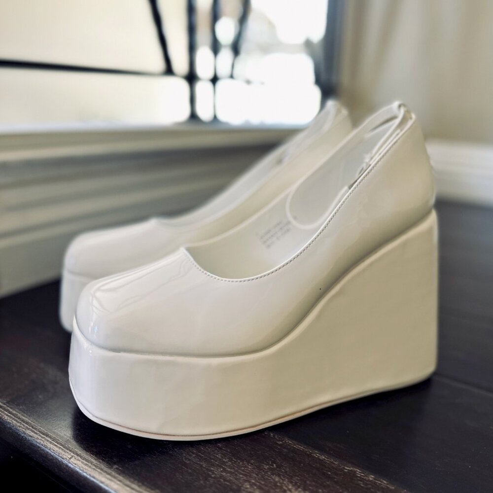 NEW🔥 Ivory Chunky Platform Wedge High Heel Shoes Buckle Ankle Strap Closed Toe - Picture 4 of 6